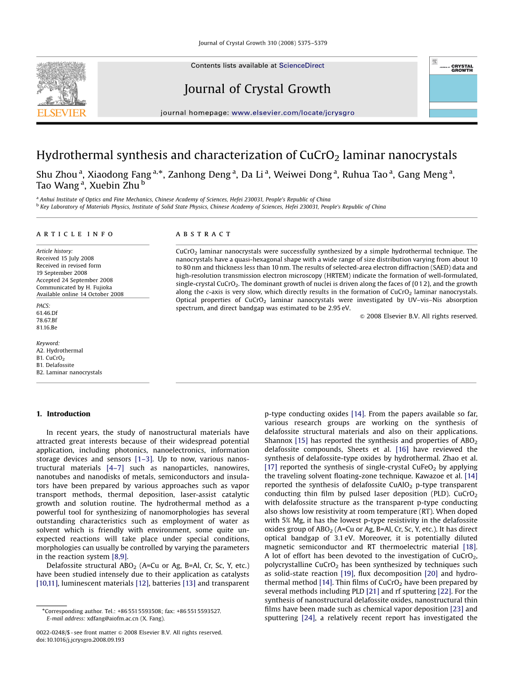 Hydrothermal Synthesis and Characterization of Cucro2 Laminar