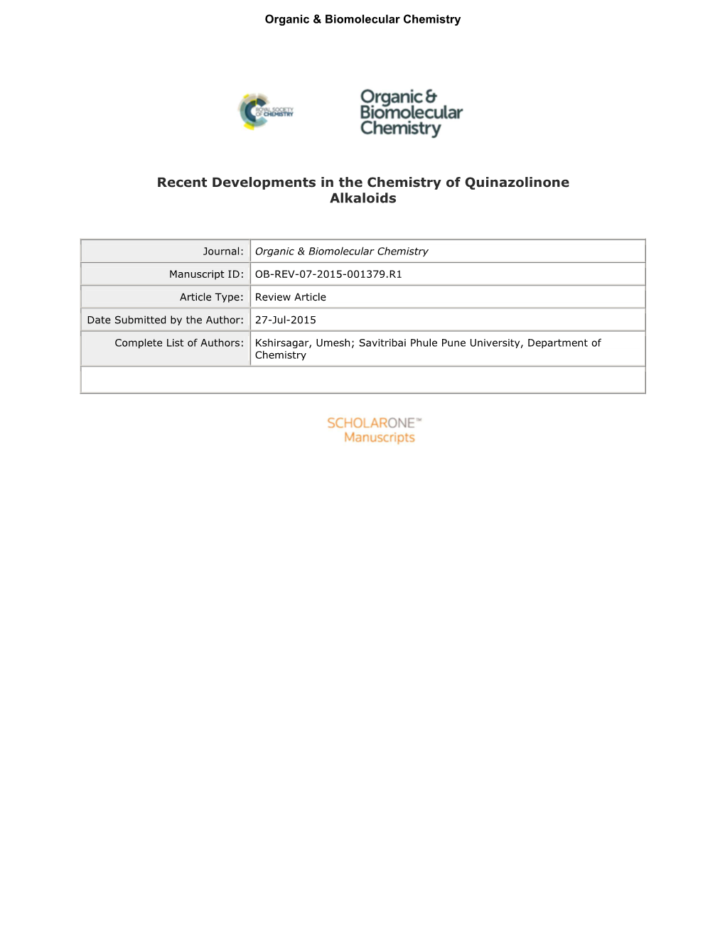 Recent Developments in the Chemistry of Quinazolinone Alkaloids