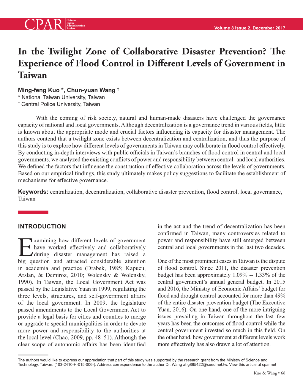 In the Twilight Zone of Collaborative Disaster Prevention? the Experience of Flood Control in Different Levels of Government in Taiwan