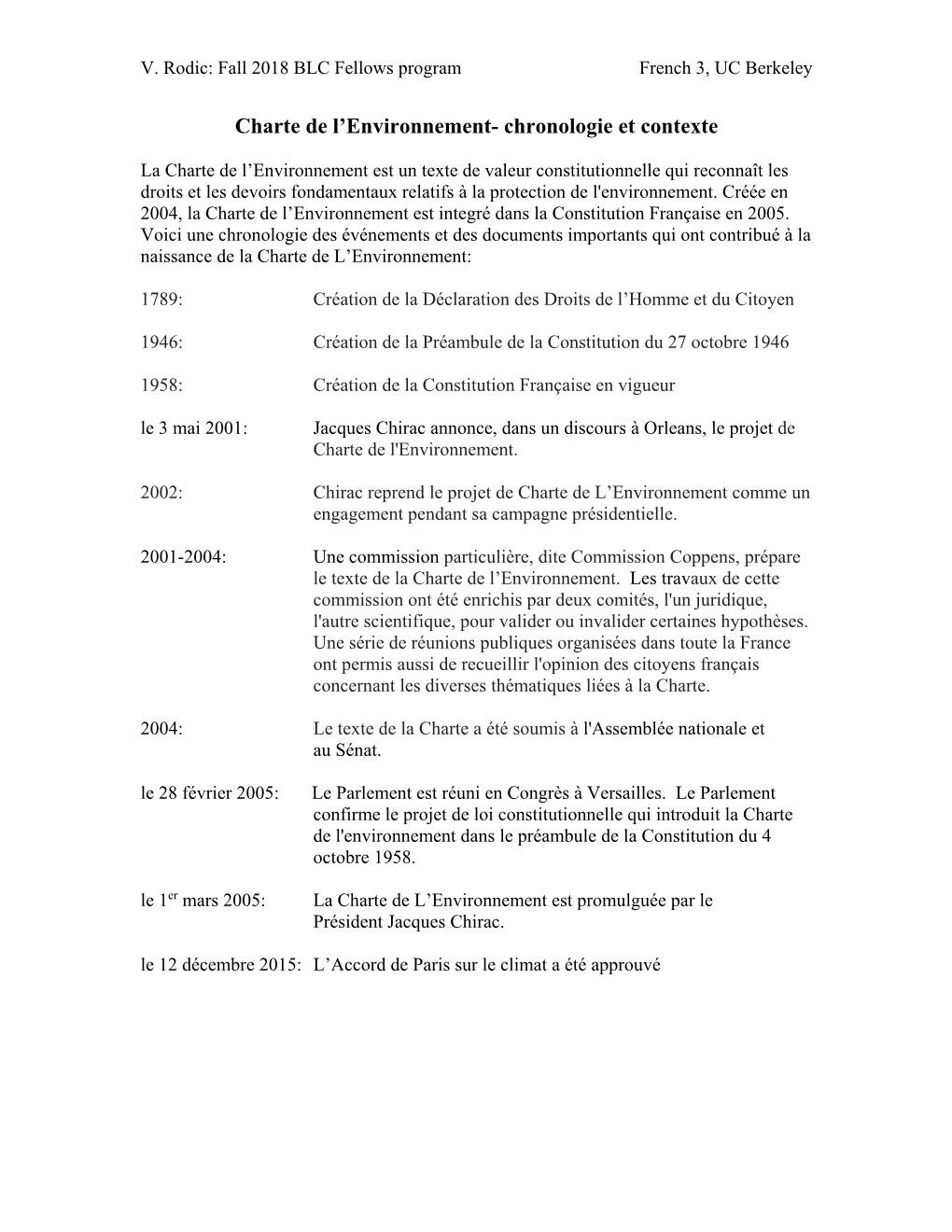 Charte De L'environnement- Chronologie Et Contexte