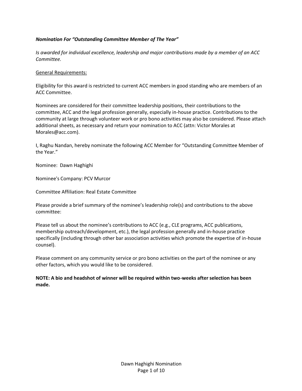 Dawn Haghighi Nomination Page 1 of 10 Nomination for “Outstanding