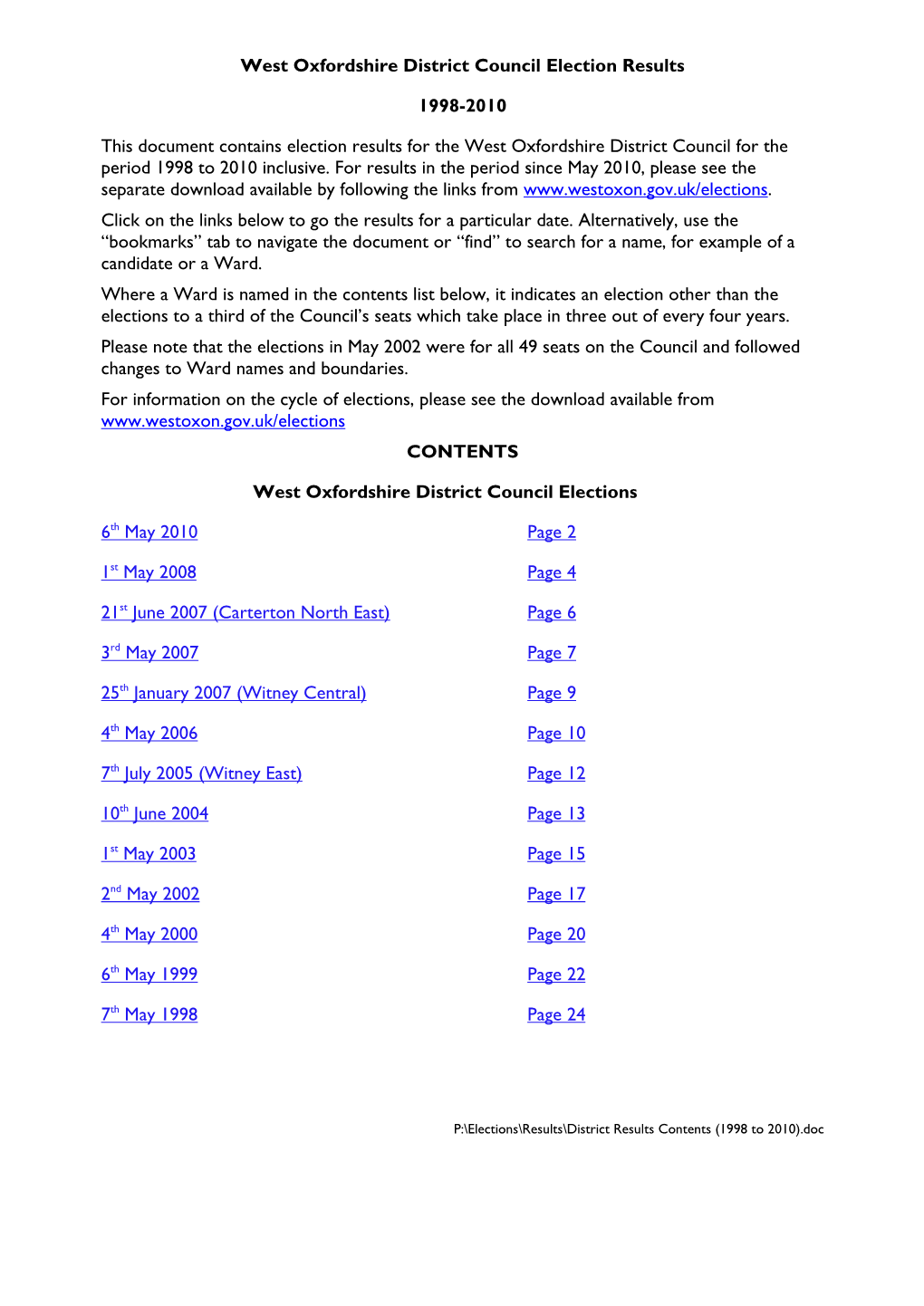 West Oxfordshire District Council Election Results 1998 to 2010