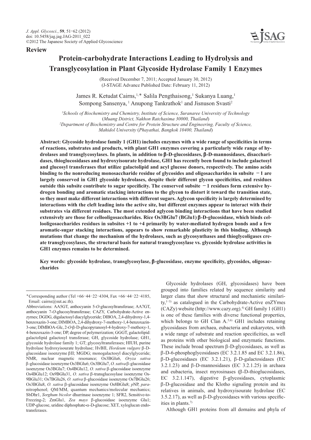 Protein-Carbohydrate Interactions Leading to Hydrolysis and Transglycosylation in Plant Glycoside Hydrolase Family 1 Enzymes