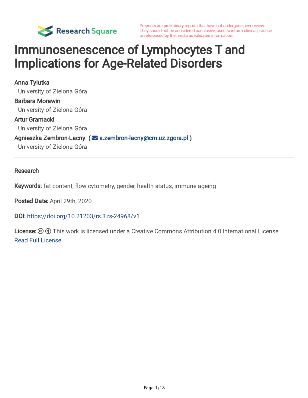 Immunosenescence of Lymphocytes T and Implications for Age-Related Disorders