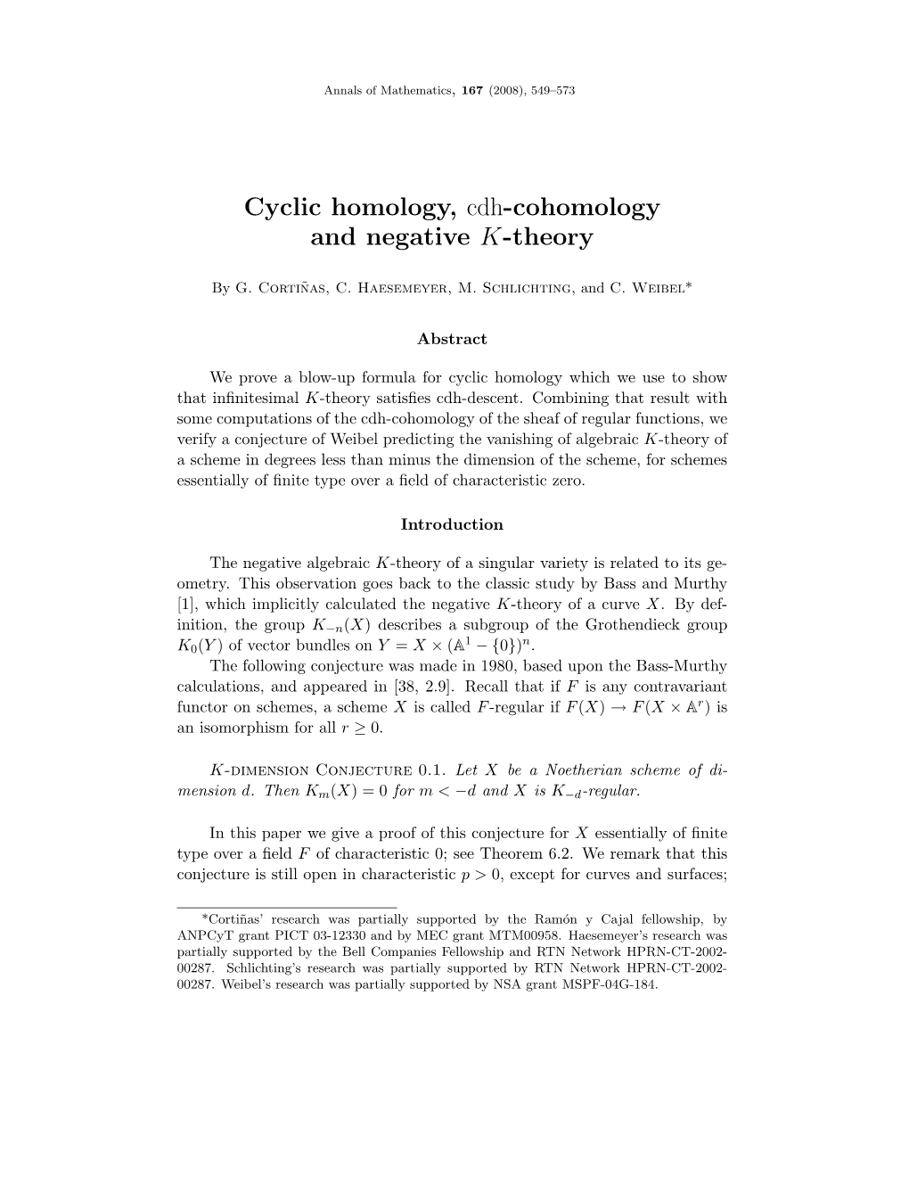 Cyclic Homology, Cdh-Cohomology and Negative K-Theory