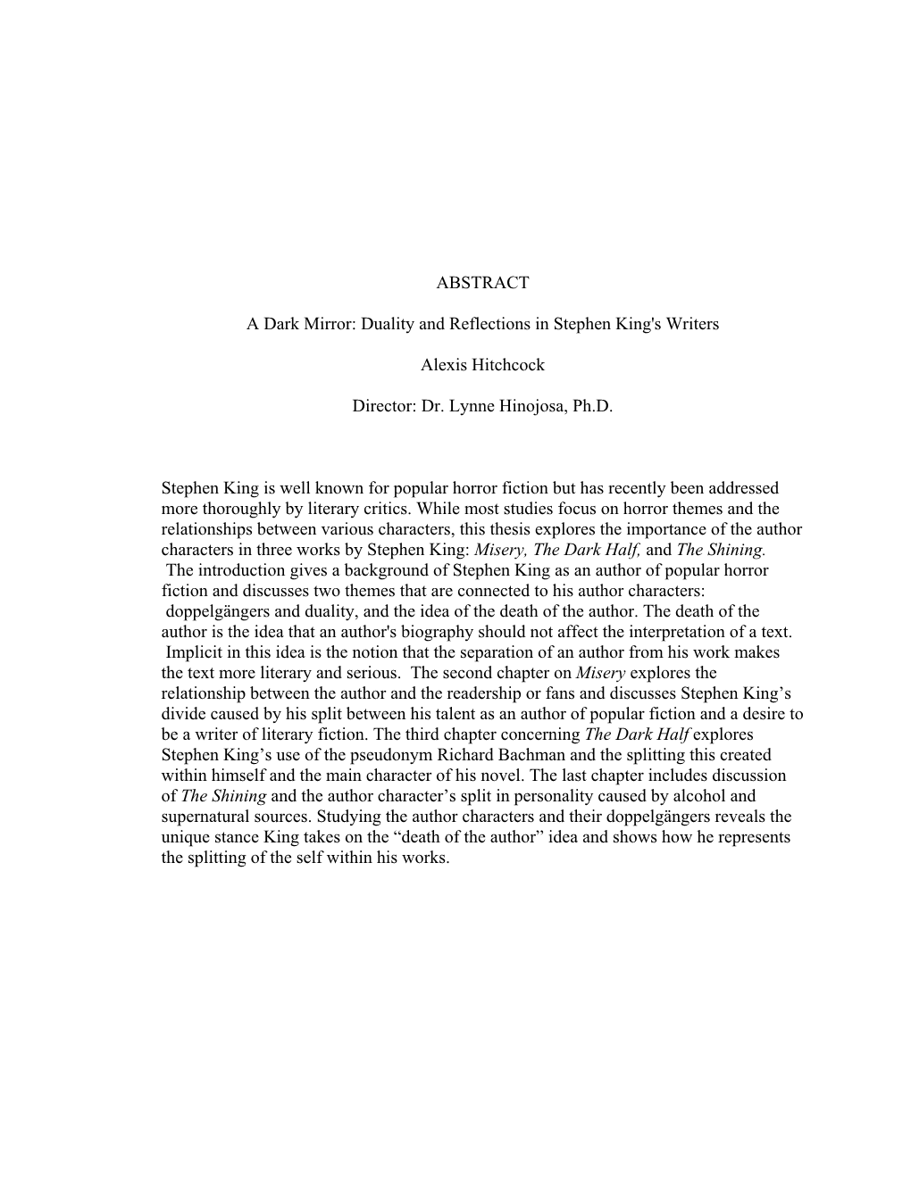 Duality and Reflections in Stephen King's Writers Alexis Hitchcock