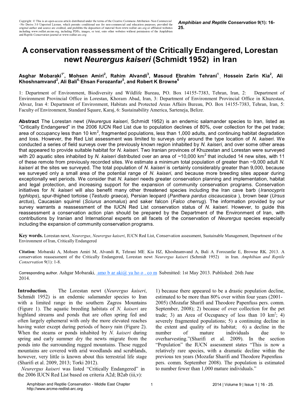 A Conservation Reassessment of the Critically Endangered, Lorestan Newt Neurergus Kaiseri (Schmidt 1952) in Iran