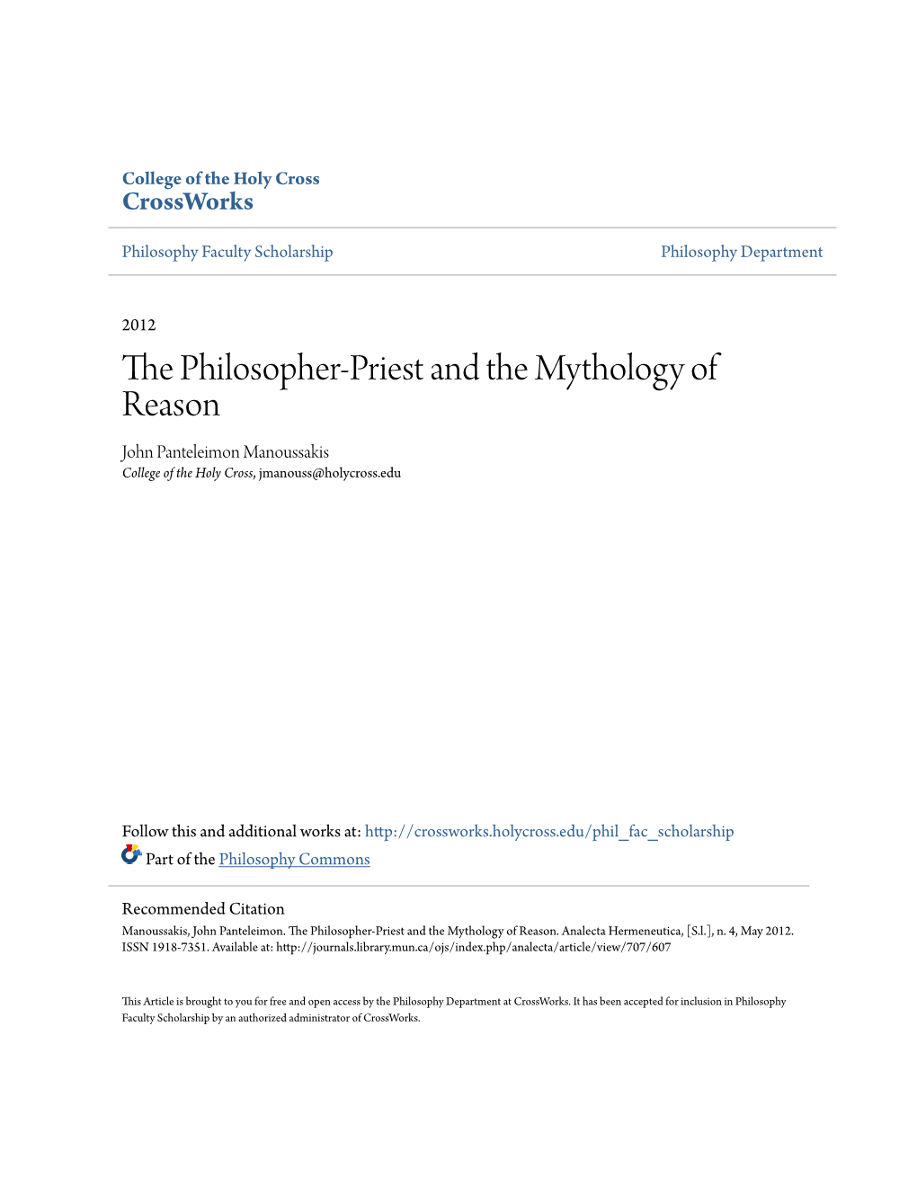 The Philosopher-Priest and the Mythology of Reason