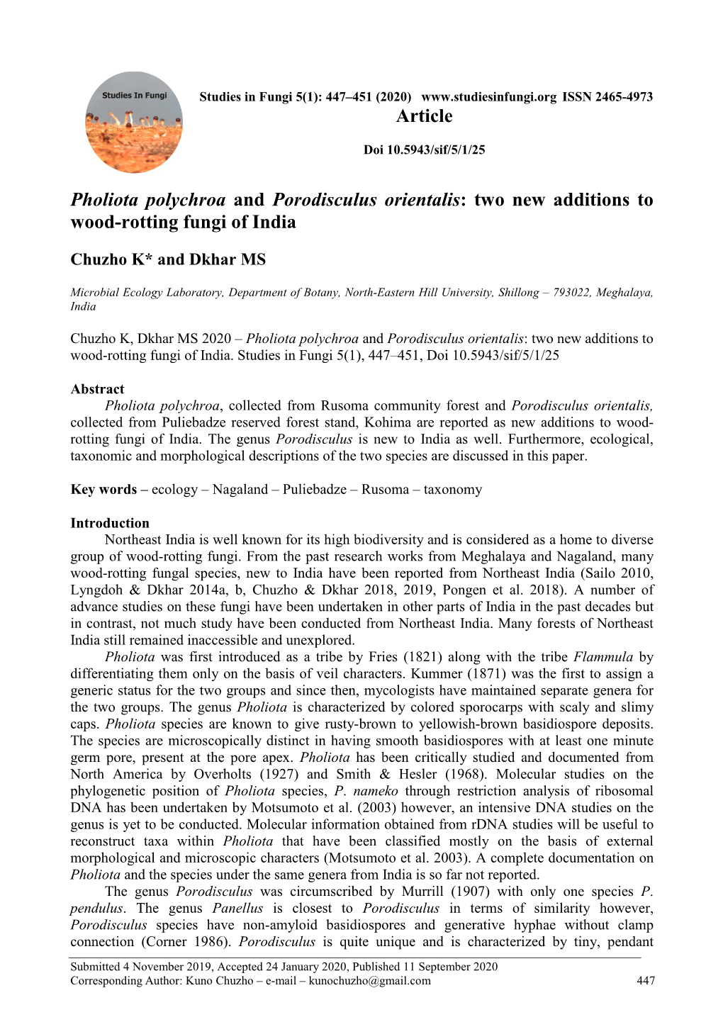 Pholiota Polychroa and Porodisculus Orientalis: Two New Additions to Wood-Rotting Fungi of India