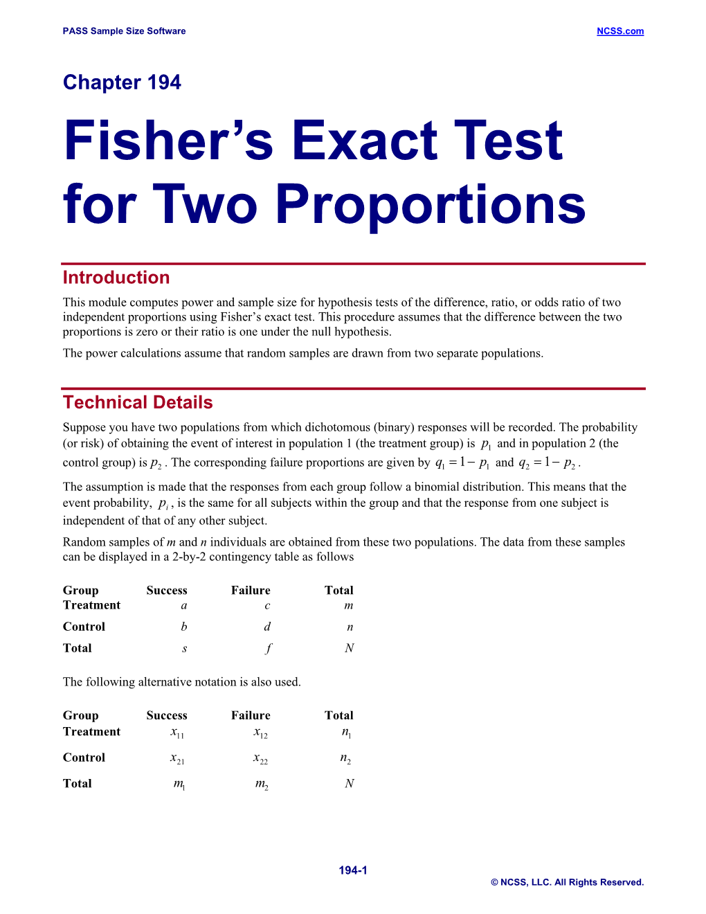 Fisher's Exact Test for Two Proportions