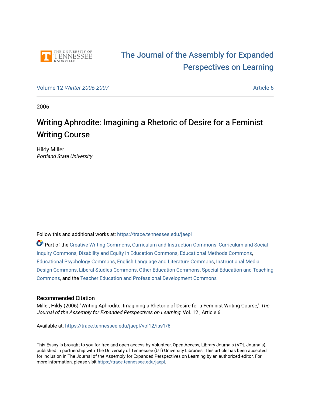 Writing Aphrodite: Imagining a Rhetoric of Desire for a Feminist Writing Course