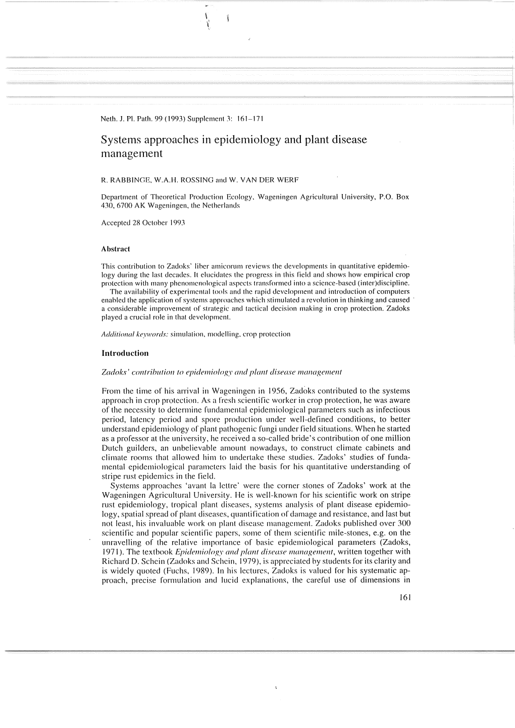 Systems Approaches in Epidemiology and Plant Disease Managetnent