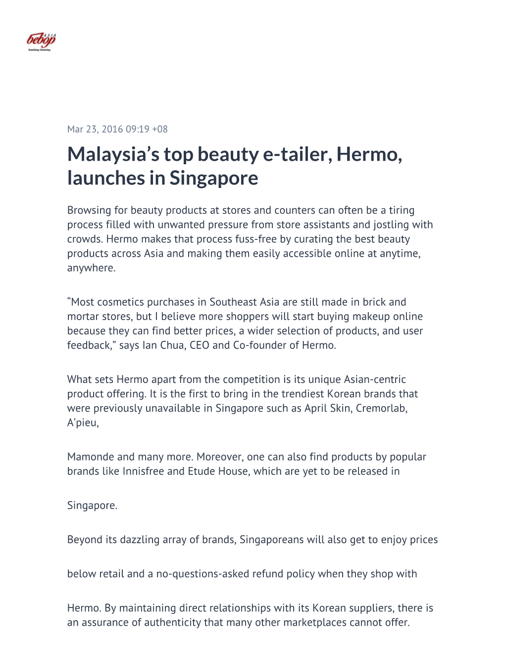 Malaysia's Top Beauty E-Tailer, Hermo, Launches in Singapore