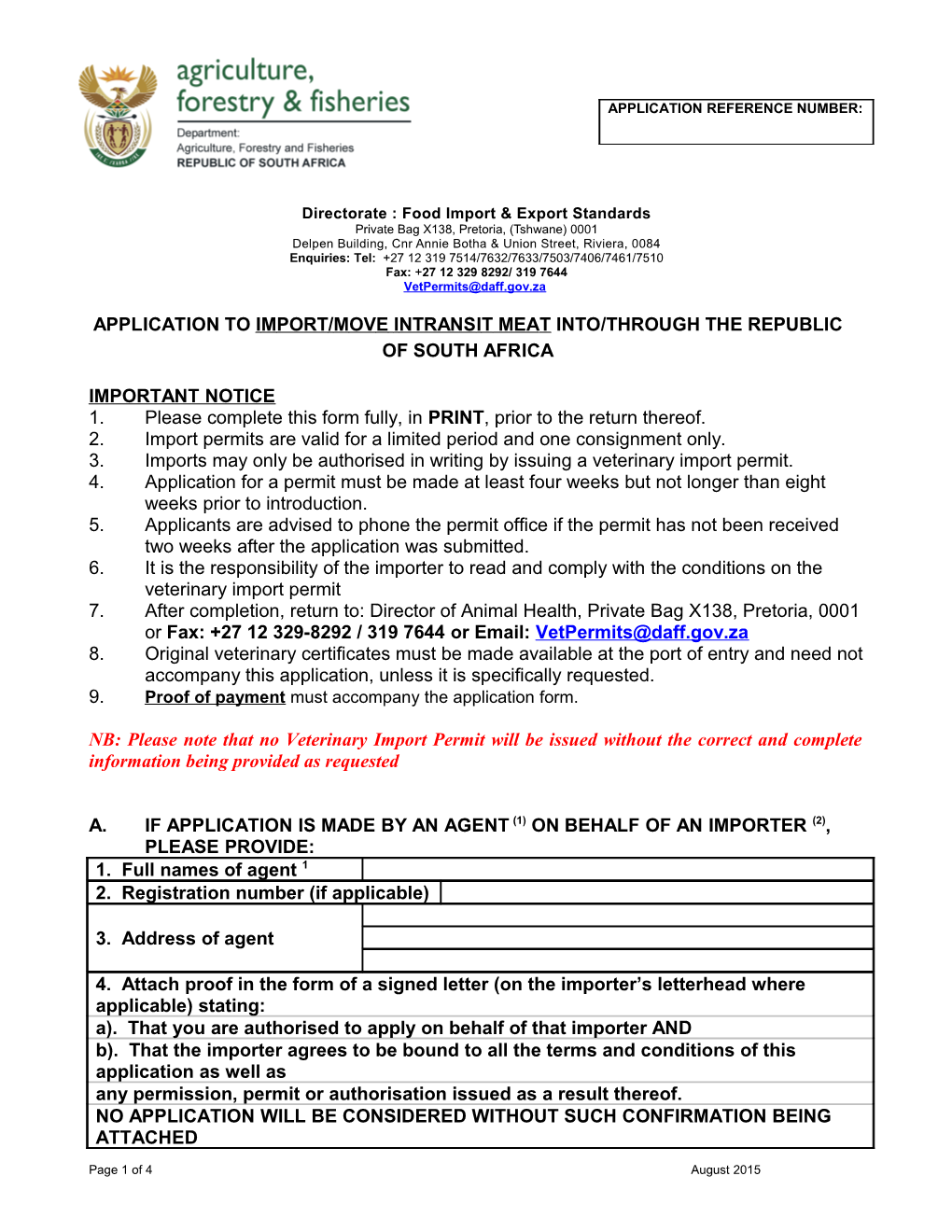 Application to Import/Move Intransit Meat Or Meat Products Into/Through the Republic Of