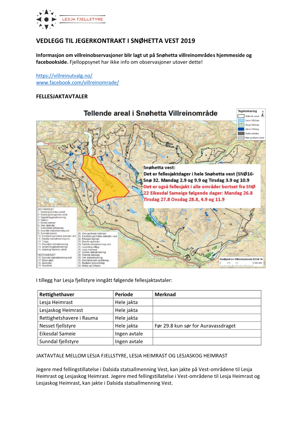 Vedlegg Til Jegerkontrakt I Snøhetta Vest 2019