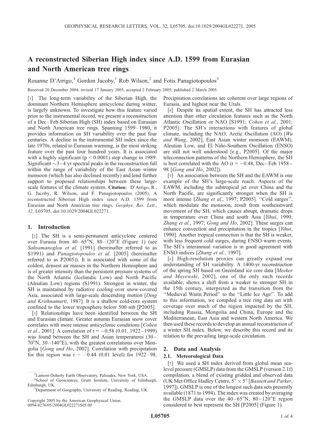 A Reconstructed Siberian High Index Since A.D. 1599 from Eurasian And