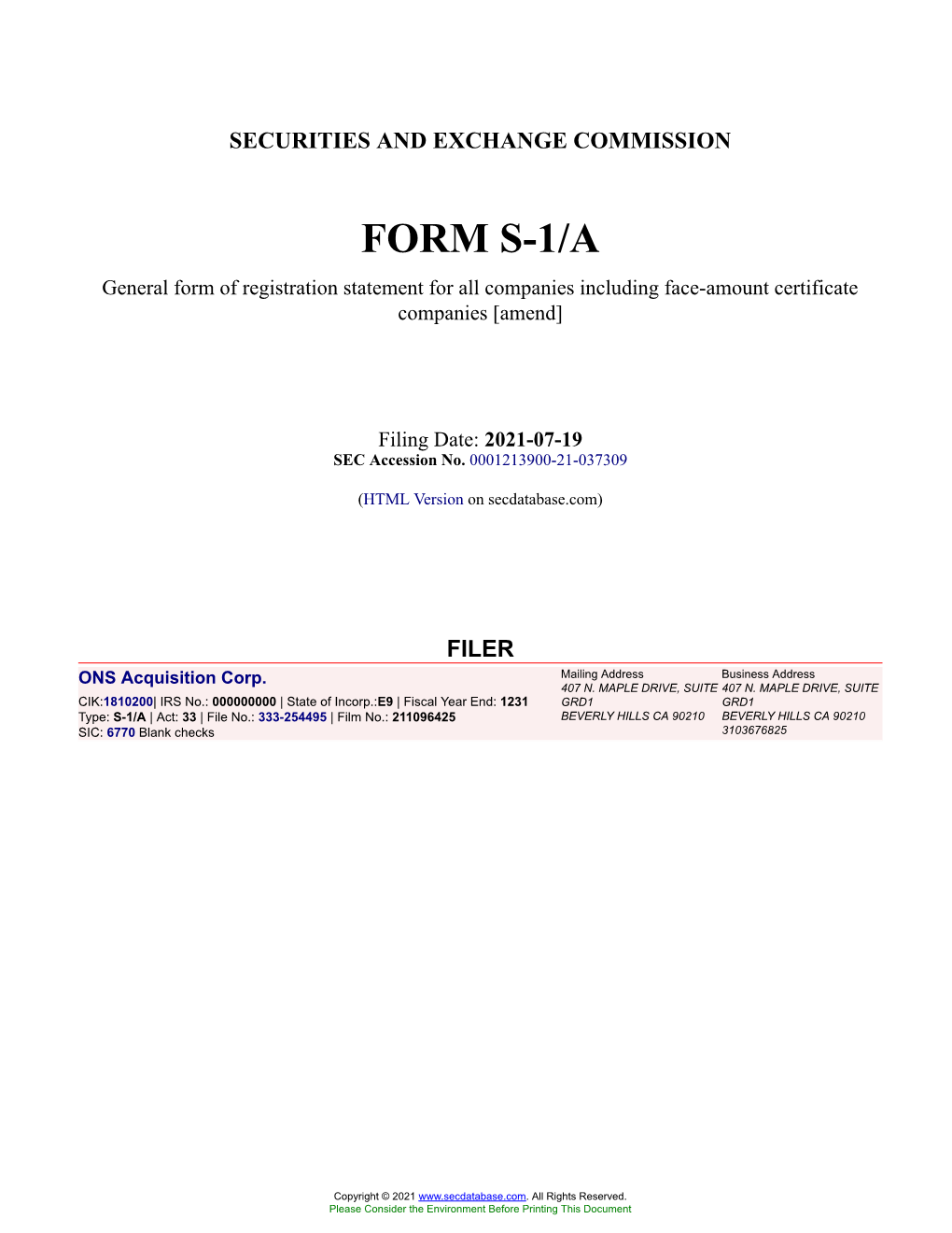 ONS Acquisition Corp. Form S-1/A Filed 2021-07-19