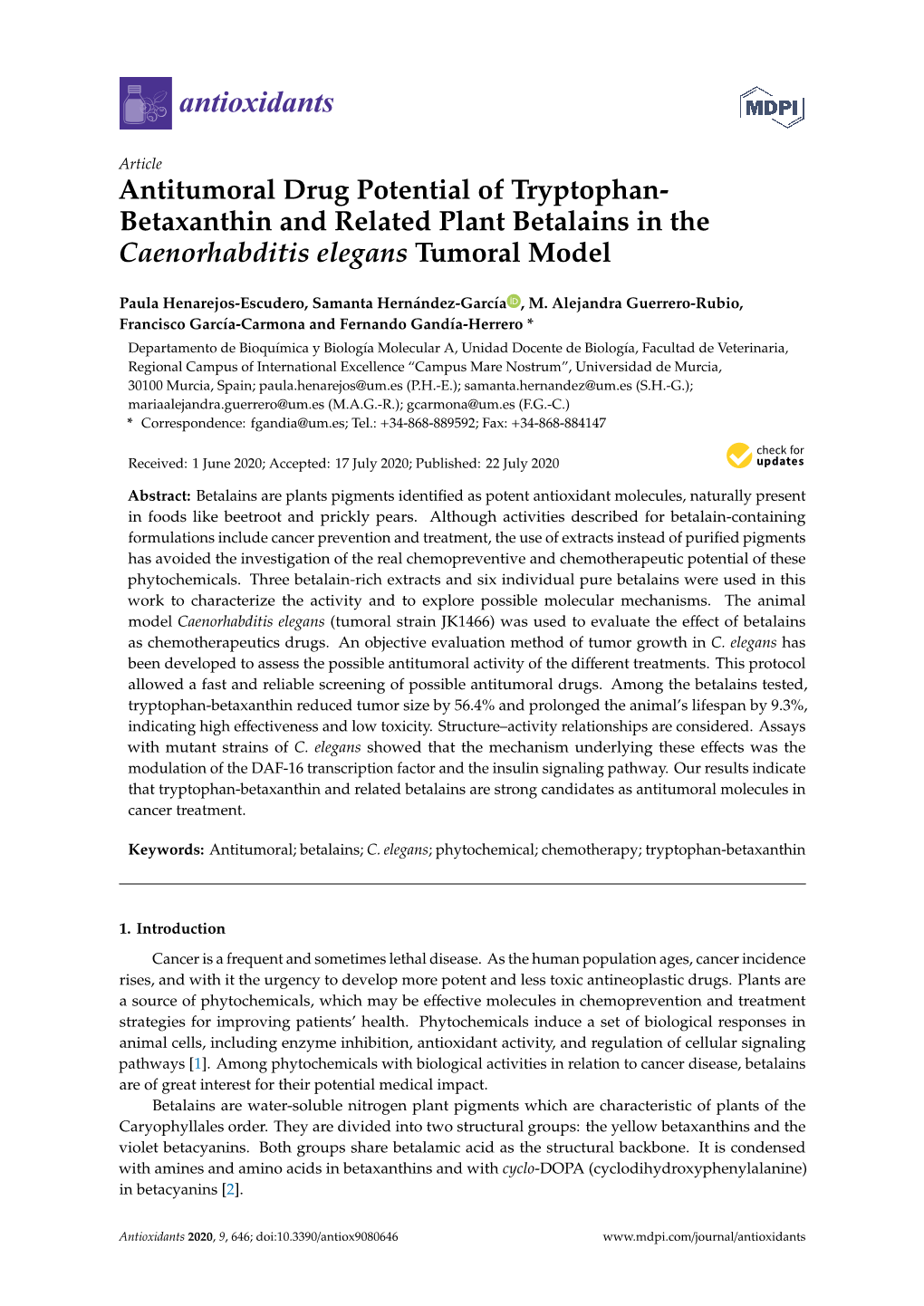 Betaxanthin and Related Plant Betalains in the Caenorhabditis Elegans Tumoral Model