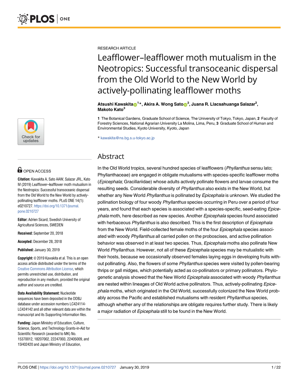 Leafflower–Leafflower Moth Mutualism in the Neotropics: Successful Transoceanic Dispersal from the Old World to the New World by Actively-Pollinating Leafflower Moths