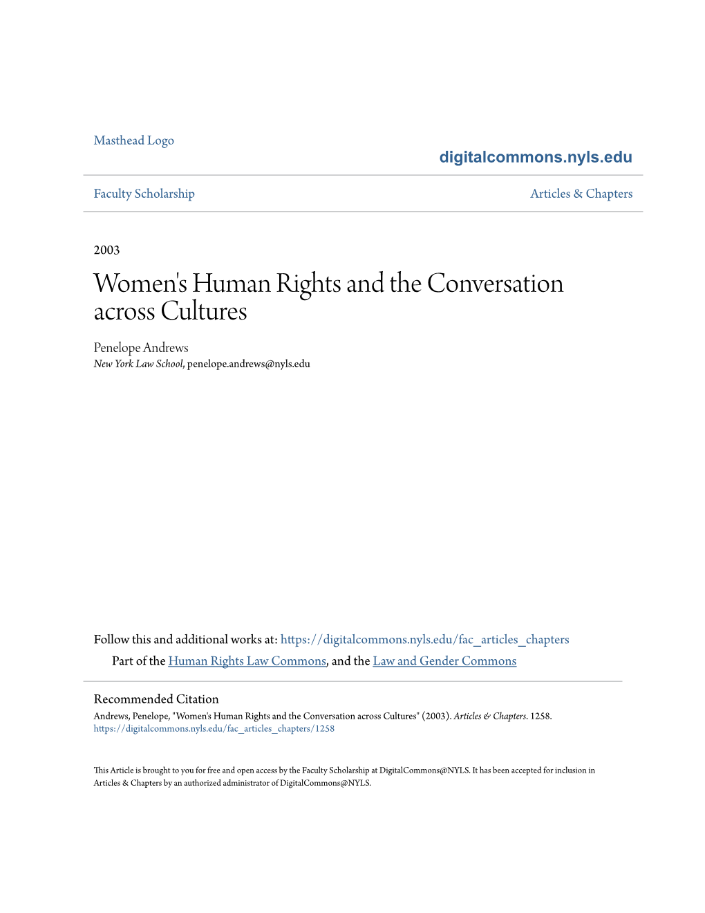 Women's Human Rights and the Conversation Across Cultures Penelope Andrews New York Law School, Penelope.Andrews@Nyls.Edu