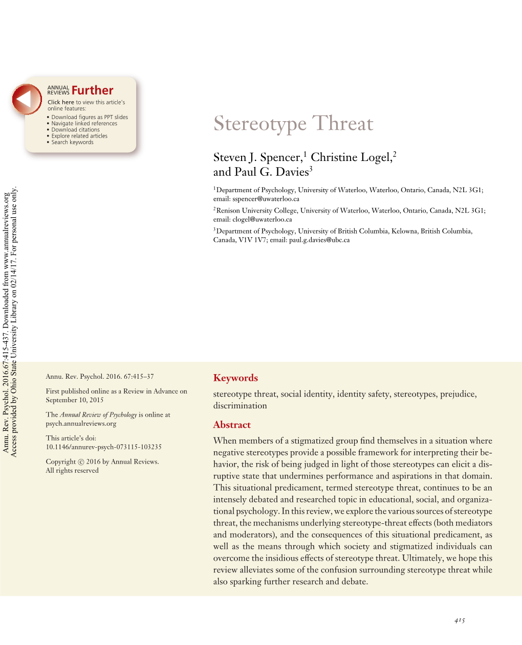 Stereotype Threat • Explore Related Articles • Search Keywords Steven J