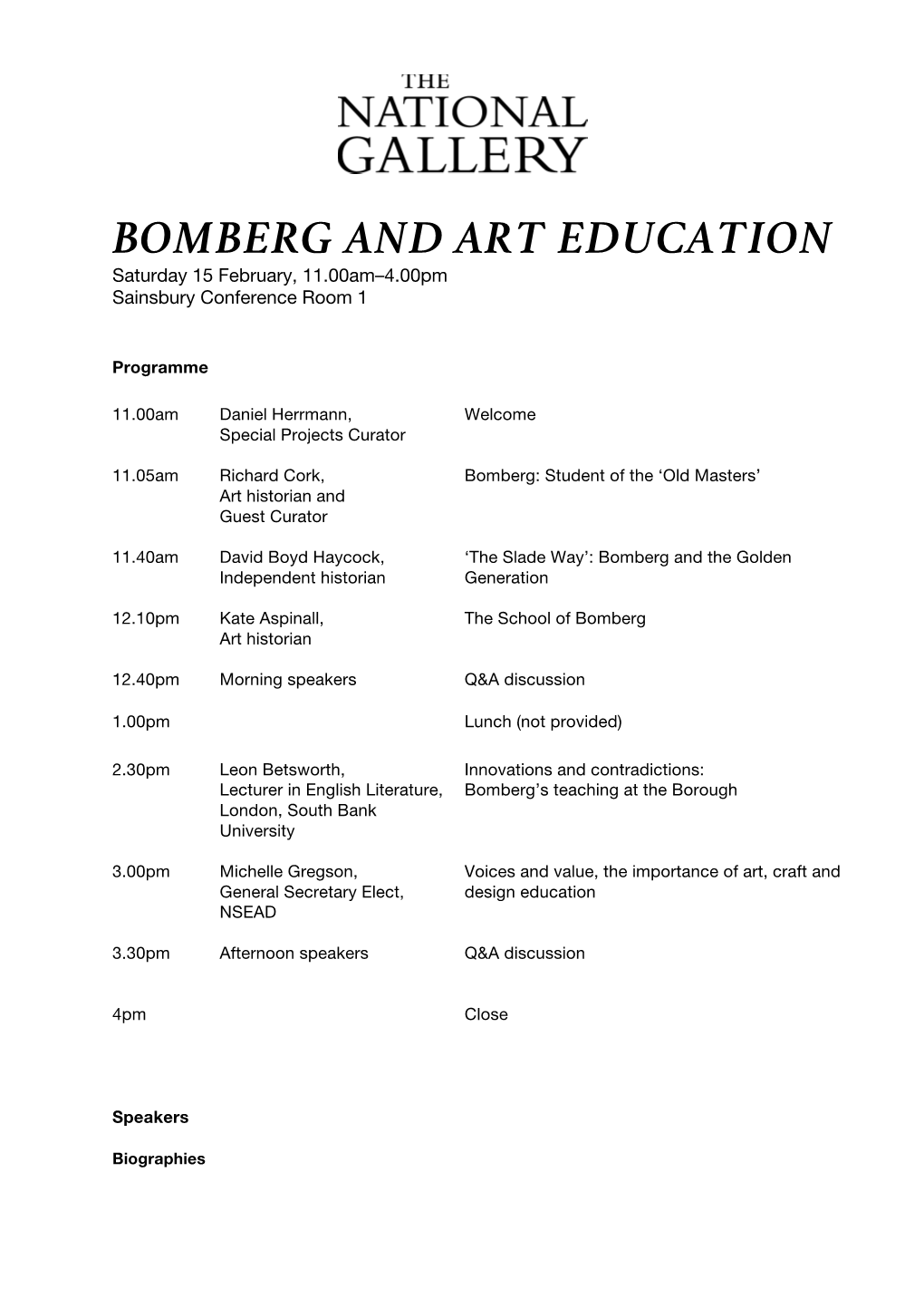 Bomberg Study Day Programme