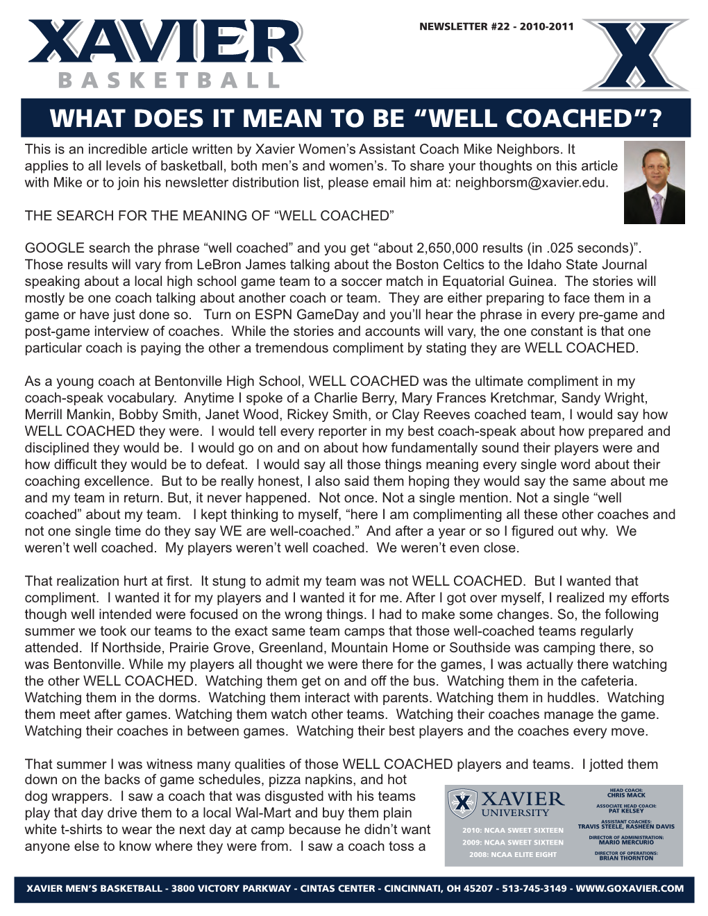 This Is an Incredible Article Written by Xavier Women's Assistant Coach Mike Neighbors. It Applies to All Levels of Basketball