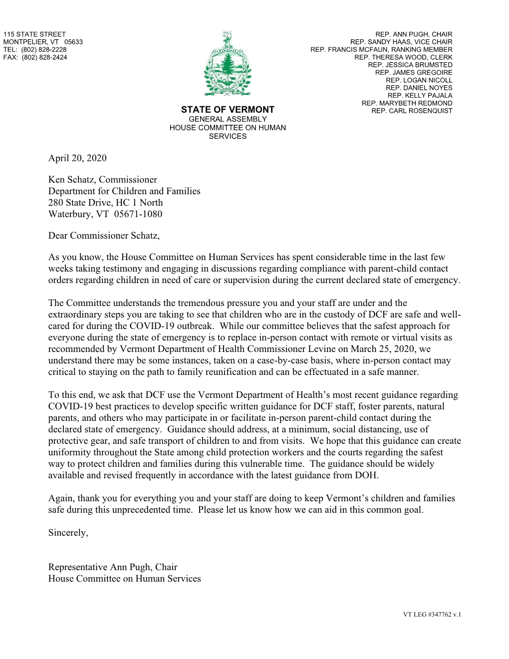 Draft House Human Services Letter to Dept Of