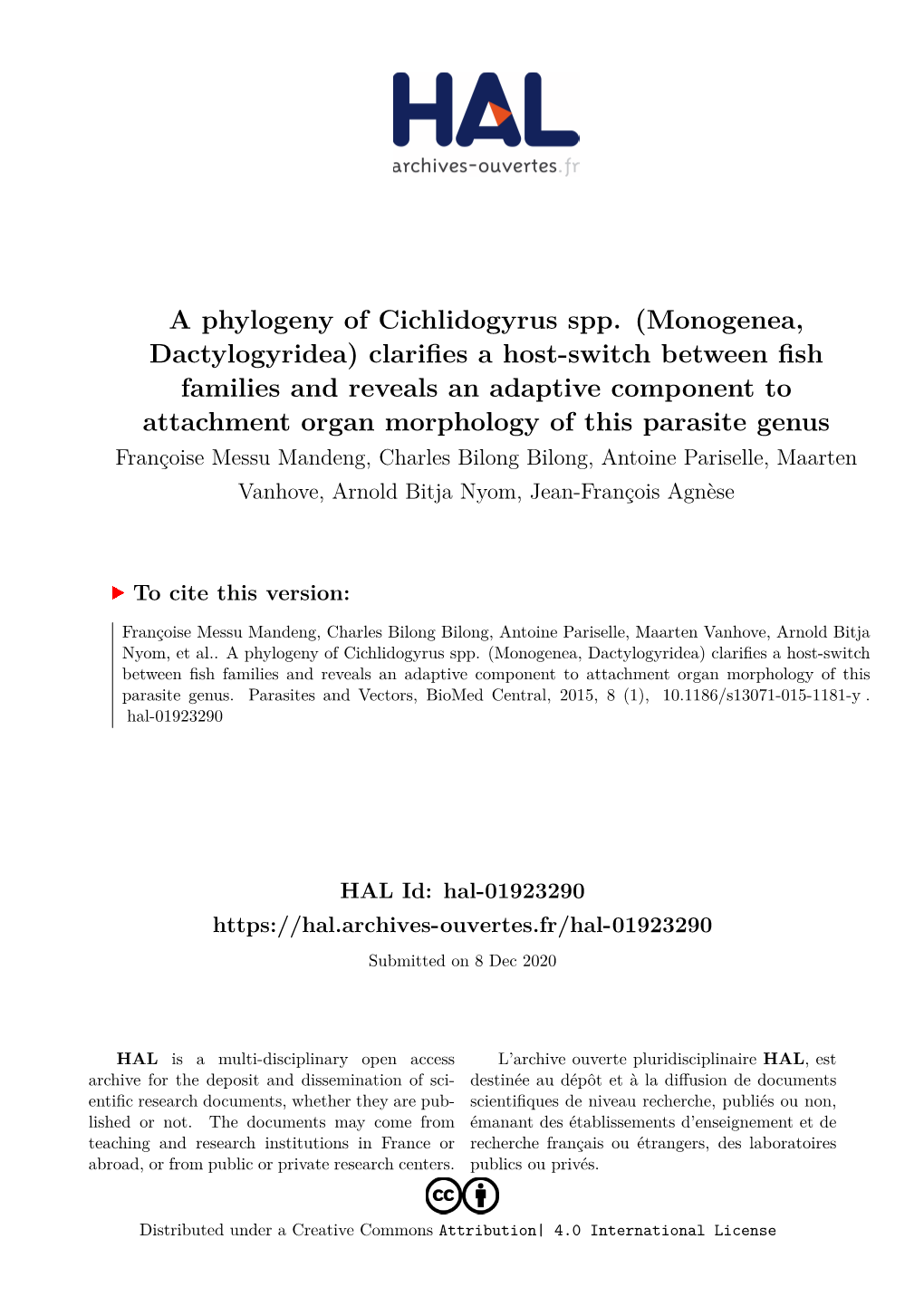 A Phylogeny of Cichlidogyrus Spp. (Monogenea, Dactylogyridea)