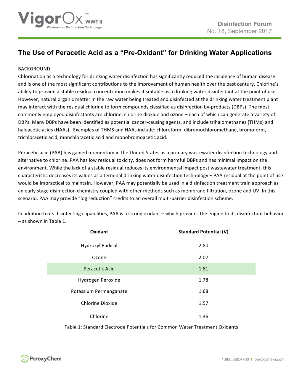 The Use of Peracetic Acid As a “Pre-Oxidant” for Drinking Water Applications