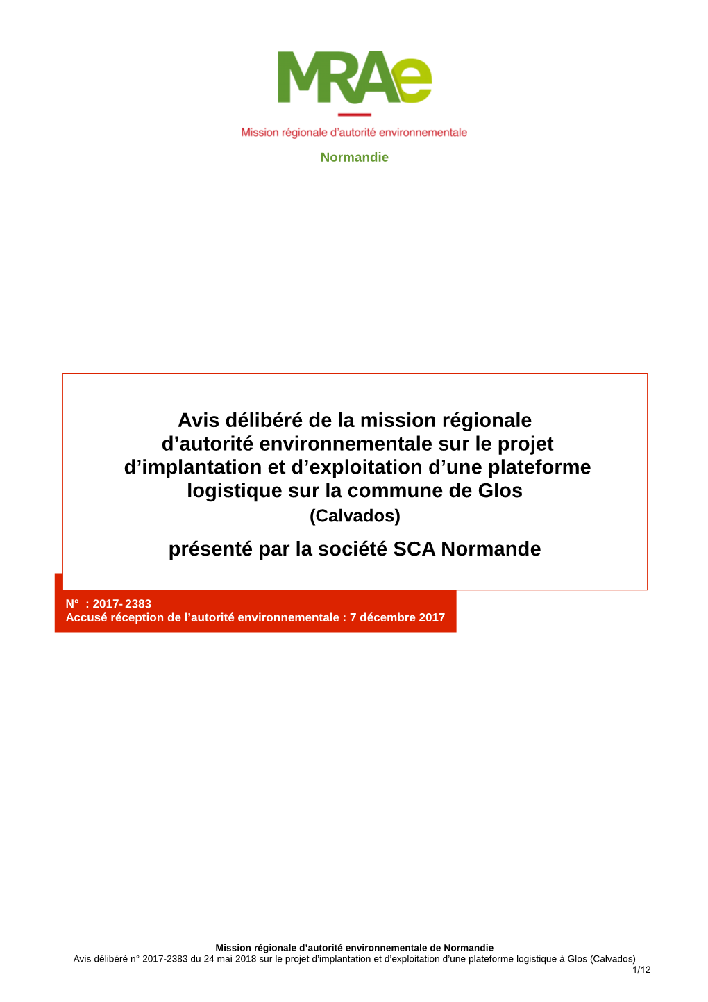 Avis Délibéré De La Mission Régionale D'autorité Environnementale Sur Le