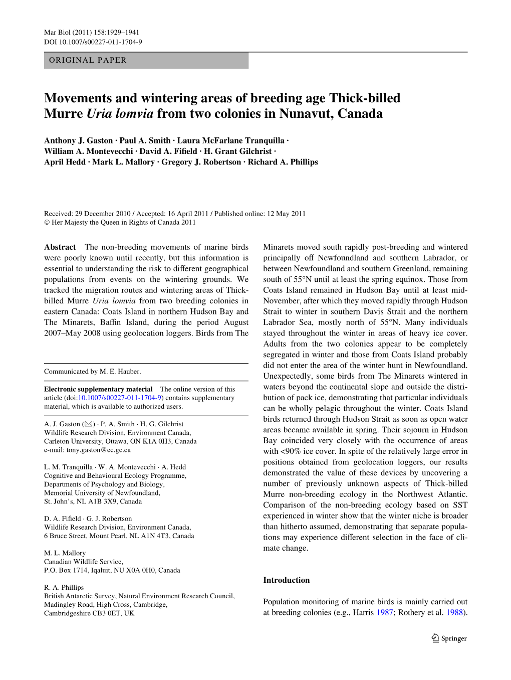 Movements and Wintering Areas of Breeding Age Thick-Billed Murre Uria Lomvia from Two Colonies in Nunavut, Canada