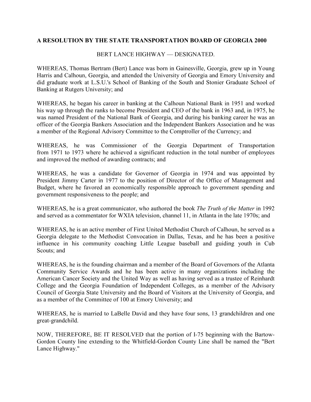 A Resolution by the State Transportation Board of Georgia 2000