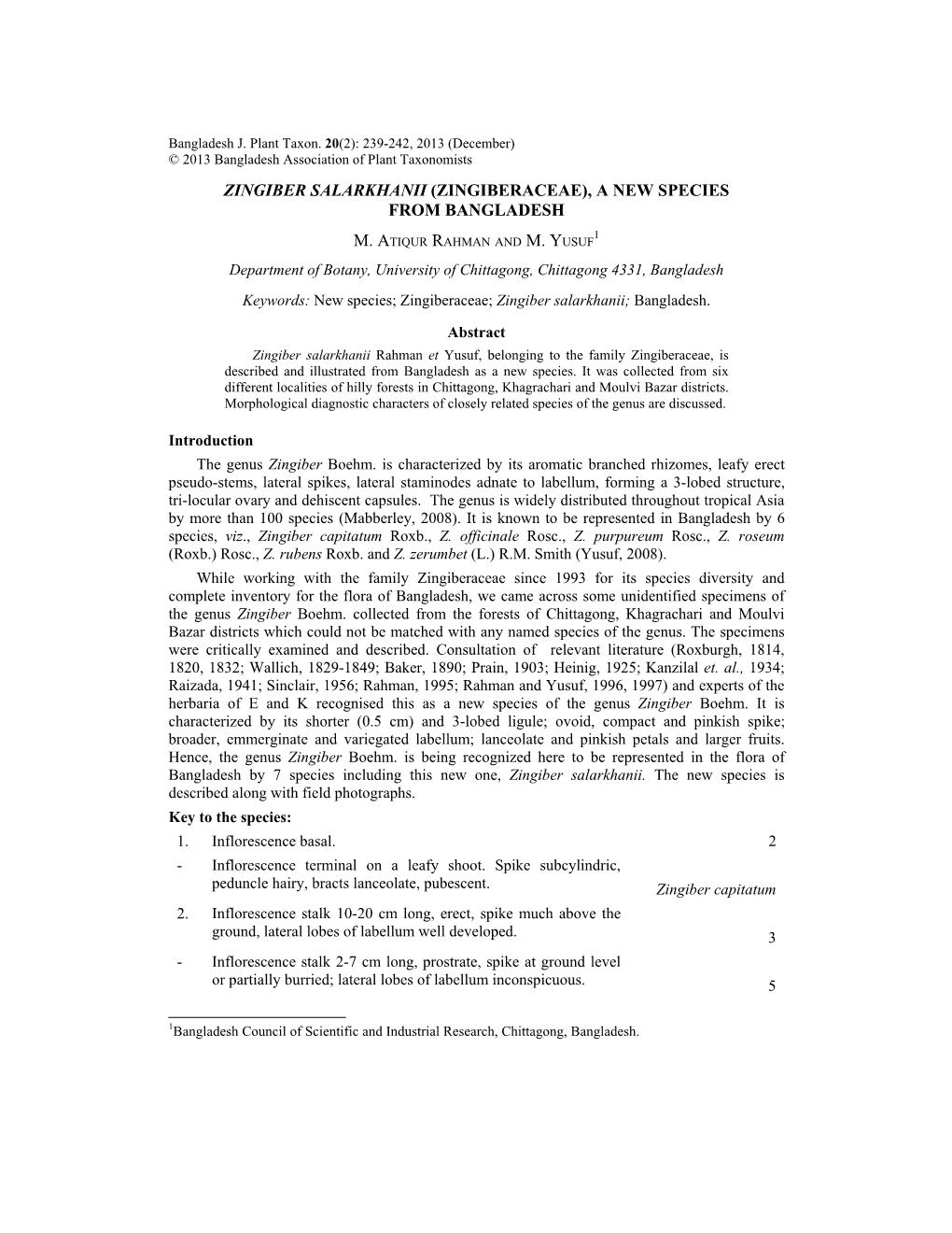 Zingiber Salarkhanii (Zingiberaceae), a New Species from Bangladesh M. Yusuf