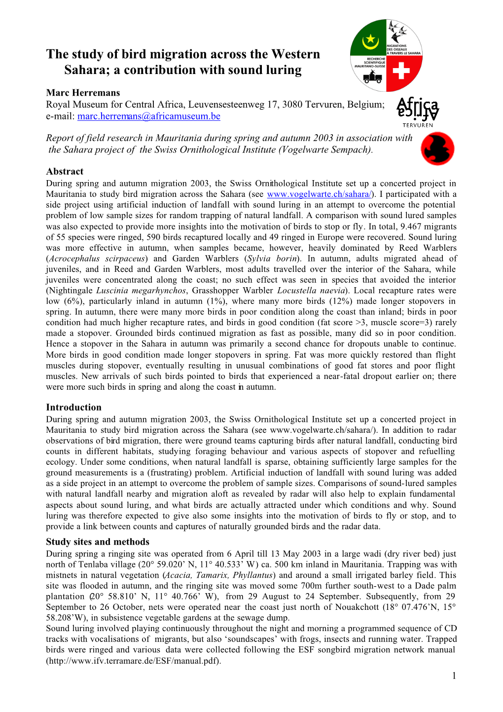 The Study of Bird Migration Across the Western Sahara; a Contribution with Sound Luring