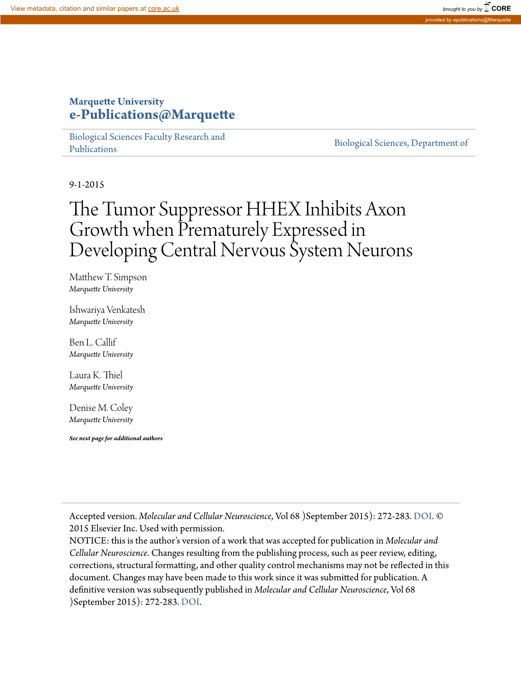 The Tumor Suppressor HHEX Inhibits Axon Growth When Prematurely Expressed in Developing Central Nervous System Neurons