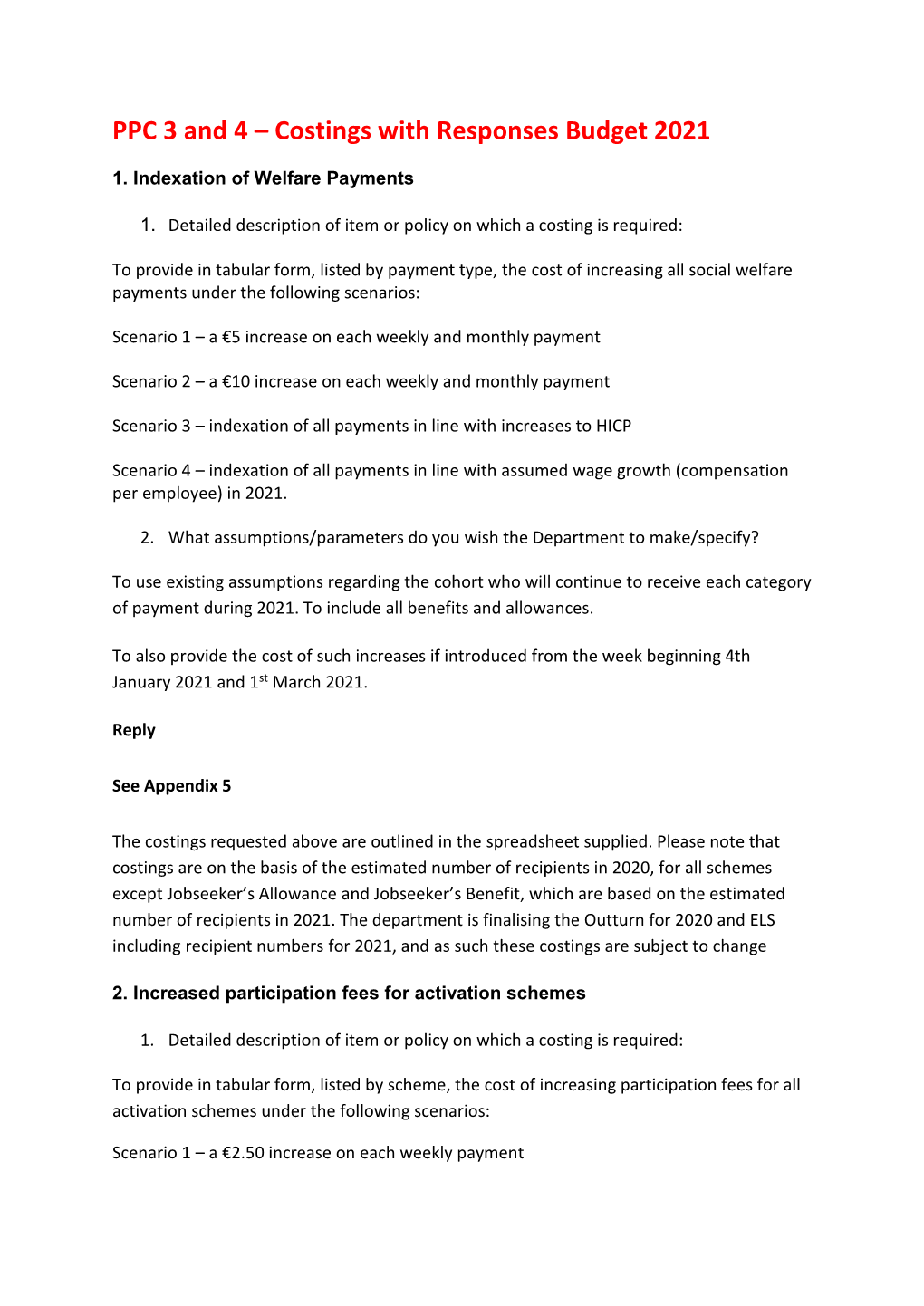 PPC 3 and 4 – Costings with Responses Budget 2021