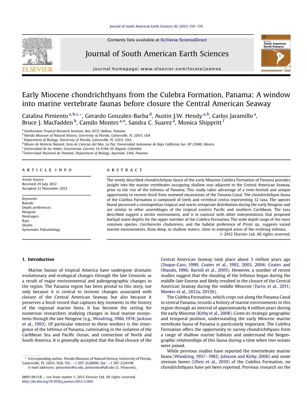 Early Miocene Chondrichthyans from the Culebra Formation, Panama: a Window Into Marine Vertebrate Faunas Before Closure the Central American Seaway