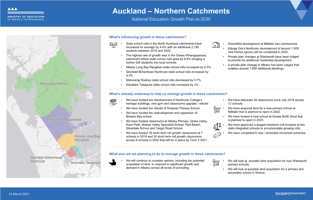 Auckland – Northern Catchments National Education Growth Plan to 2030