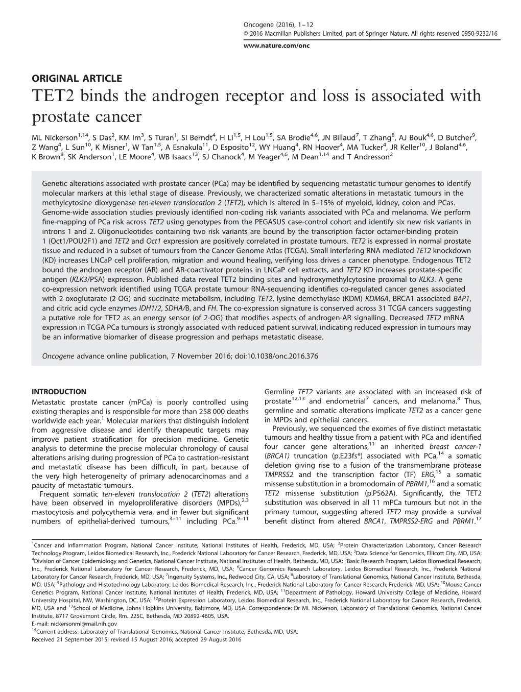 TET2 Binds the Androgen Receptor and Loss Is Associated with Prostate Cancer