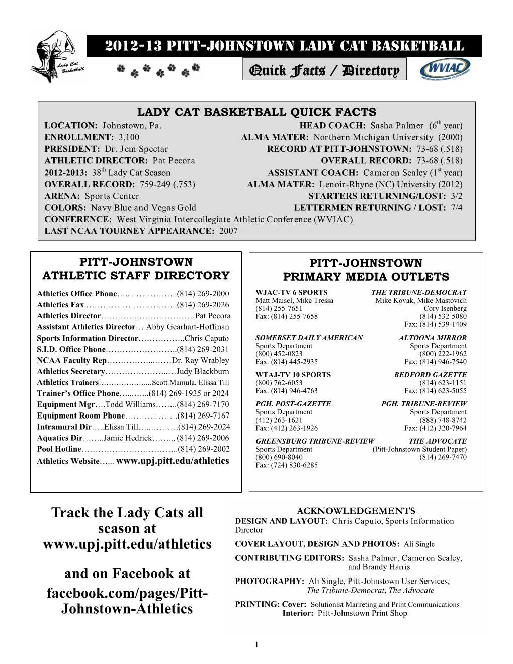 2012-13 Pitt-Johnstown Lady Cat Basketball Quick Facts / Directory