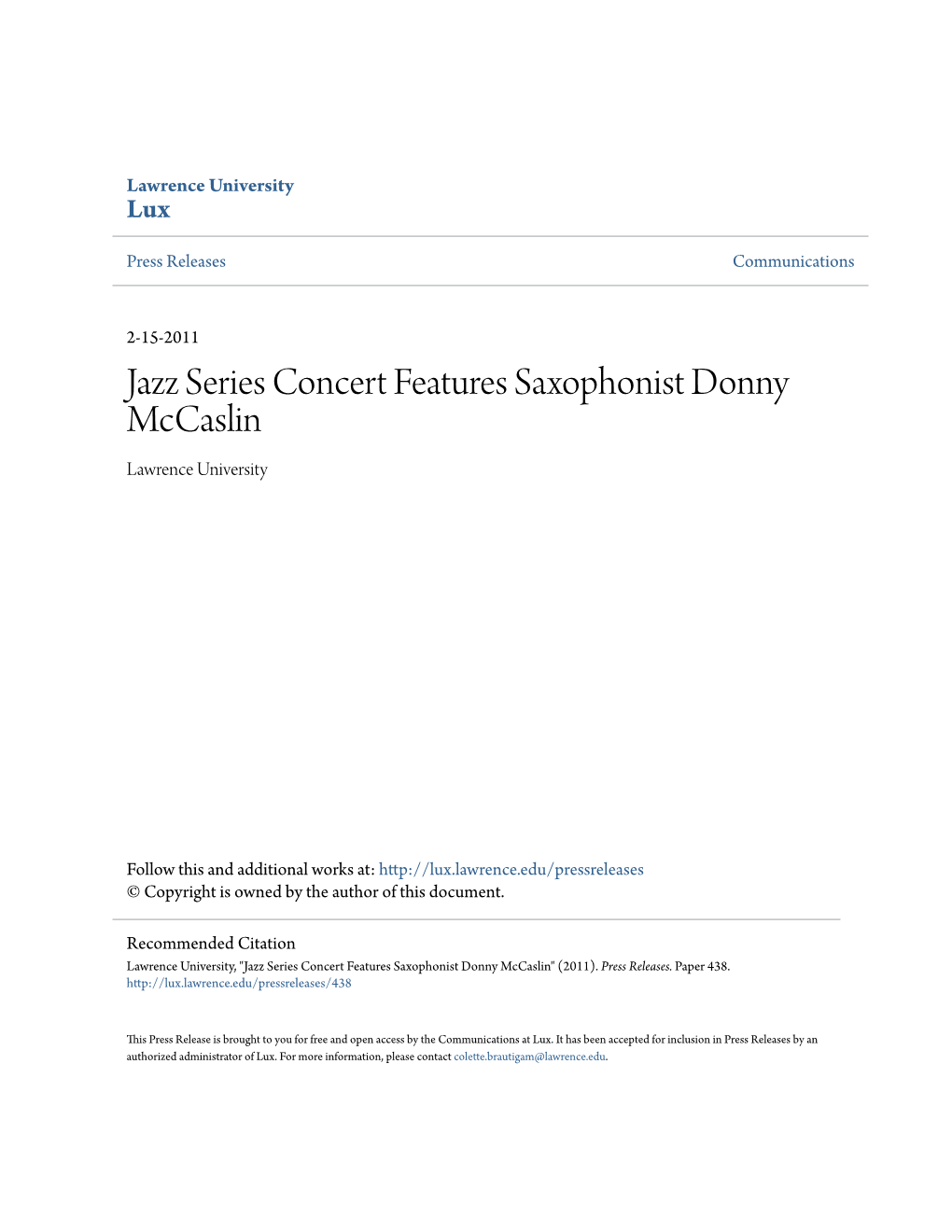 Jazz Series Concert Features Saxophonist Donny Mccaslin Lawrence University