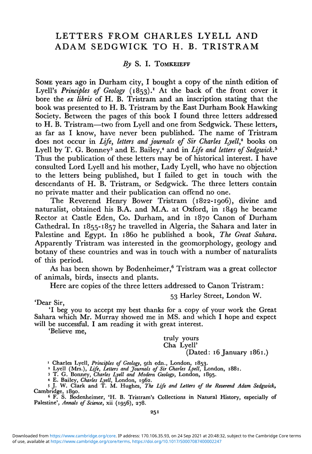 Letters from Charles Lyell and Adam Sedgwick to H. B. Tristram