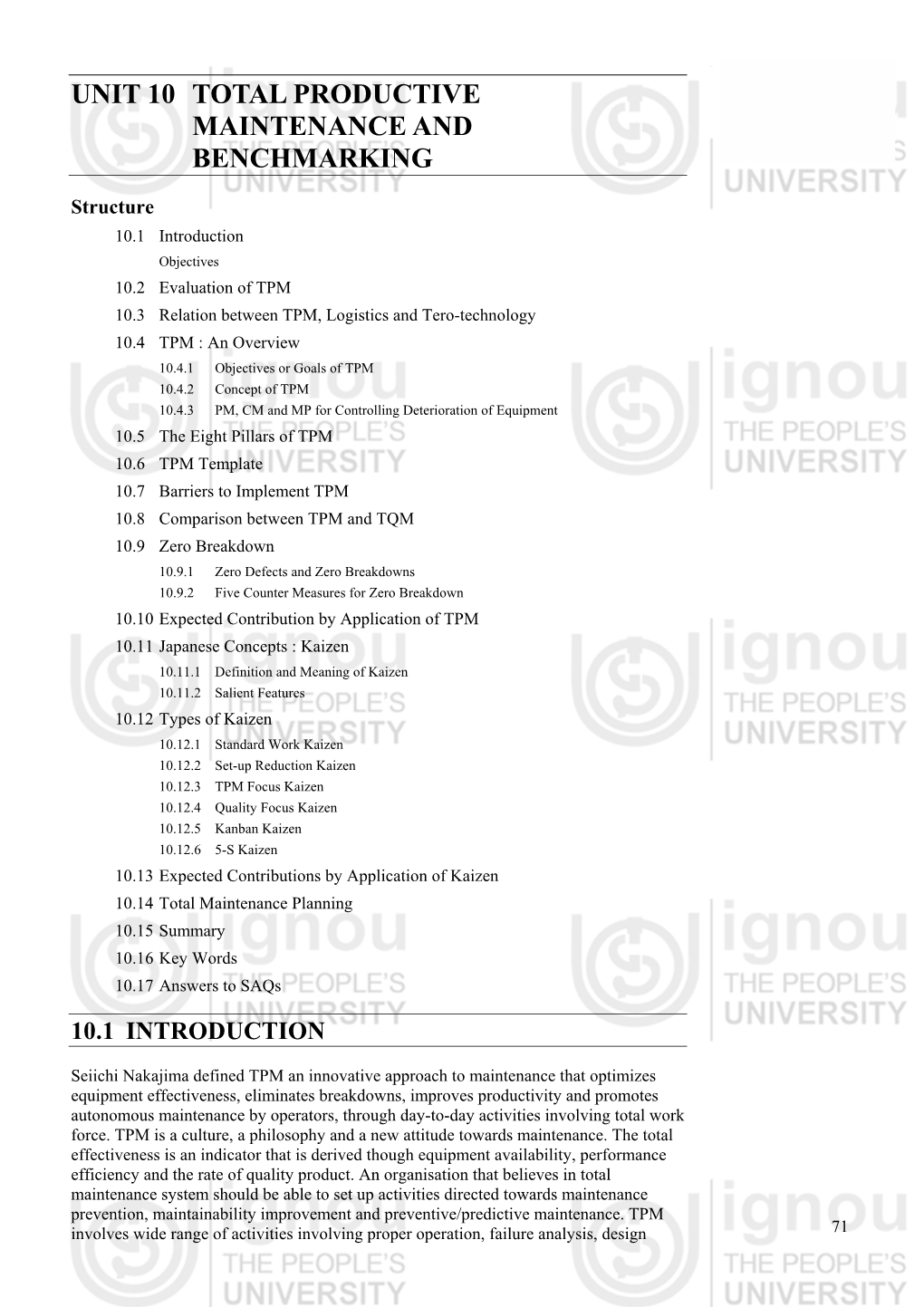 Unit 10 Total Productive Maintenance and Benchmarking