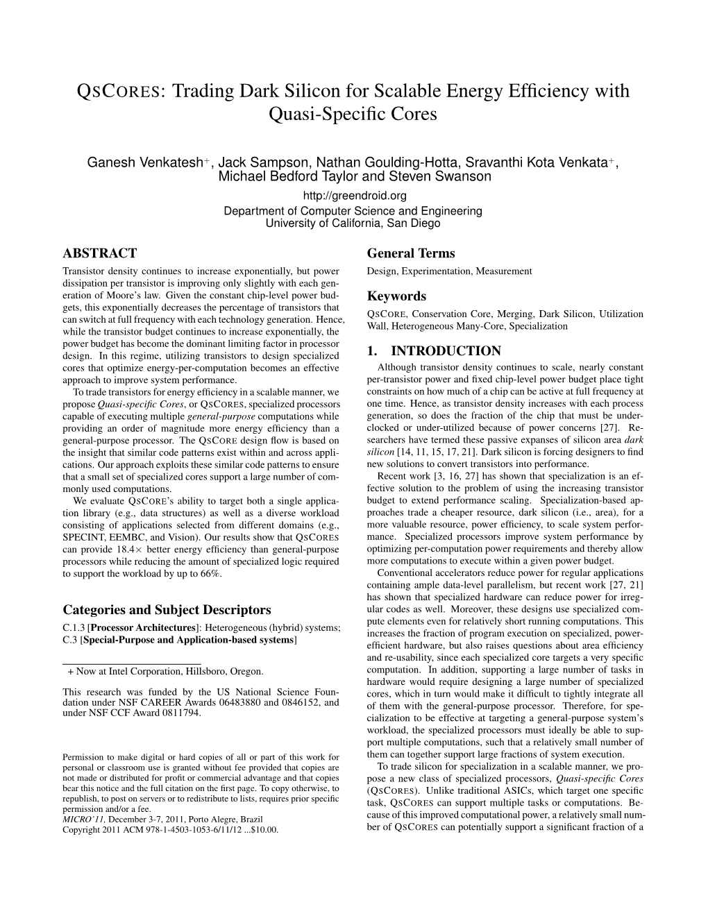 QSCORES: Trading Dark Silicon for Scalable Energy Efficiency With