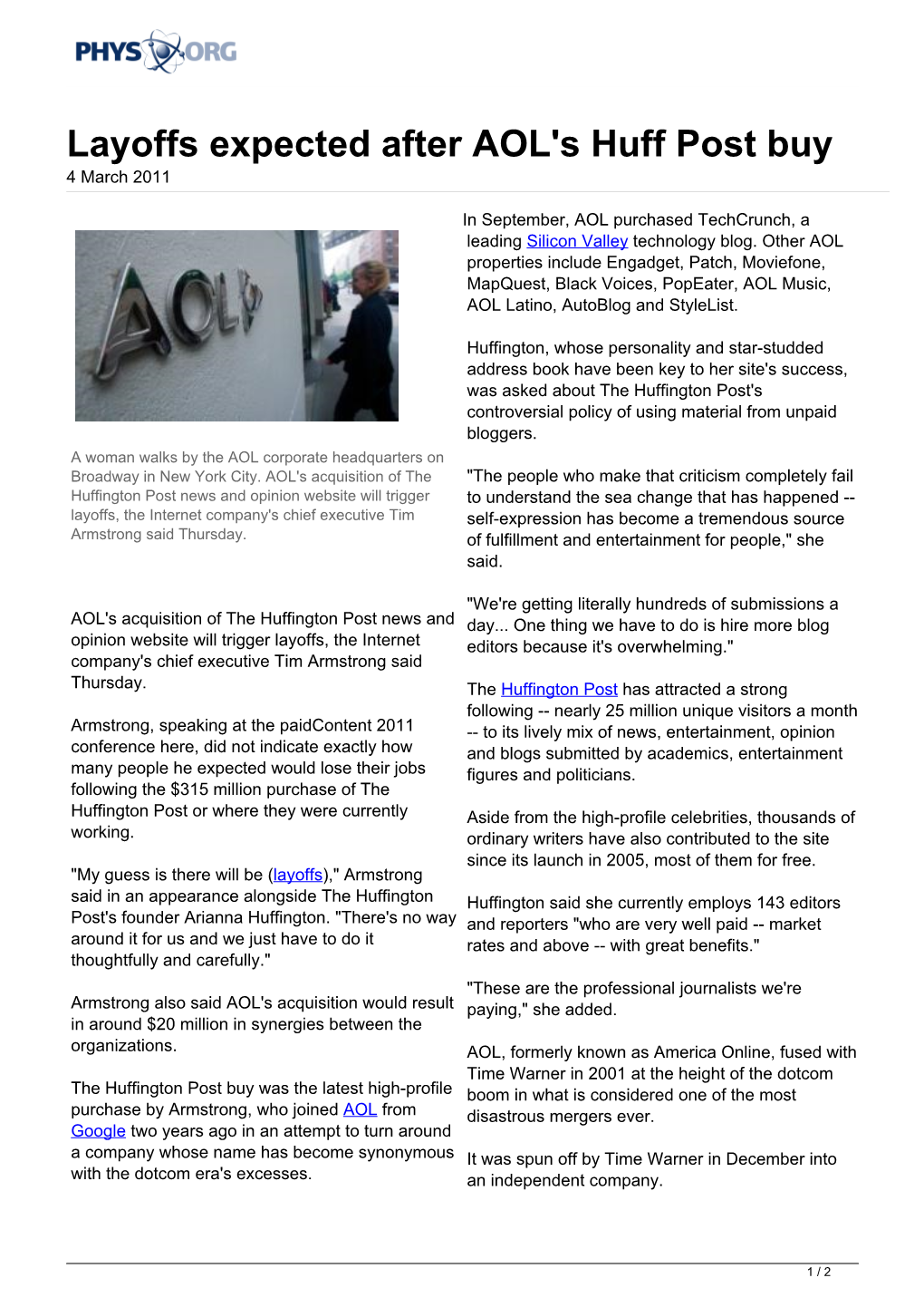 Layoffs Expected After AOL's Huff Post Buy 4 March 2011