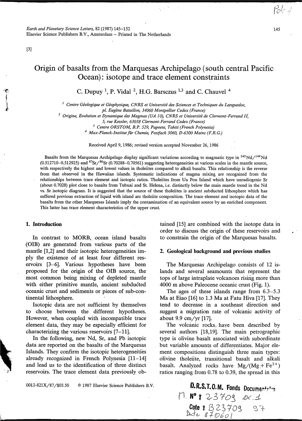 Origin of Basalts from the Marquesas Archipelago (South Central Pacific Ocean) : Isotope and Trace Element Constraints