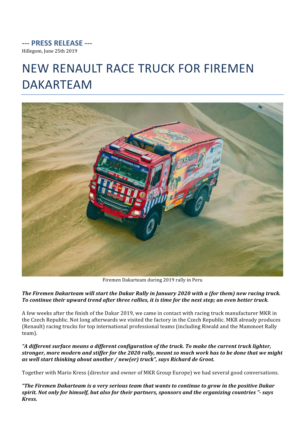 New Renault Race Truck for Firemen Dakarteam