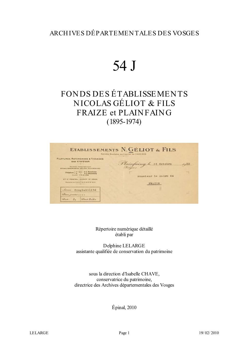 FONDS DES ÉTABLISSEMENTS NICOLAS GÉLIOT & FILS FRAIZE Et PLAINFAING