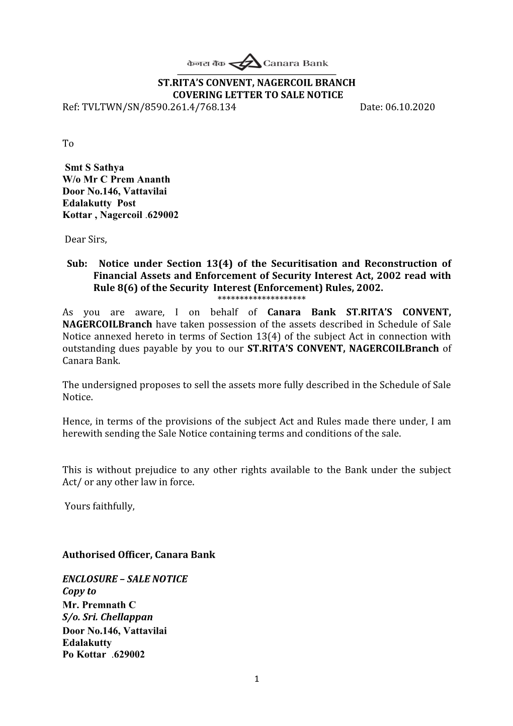 St.Rita's Convent, Nagercoil Branch Covering Letter To